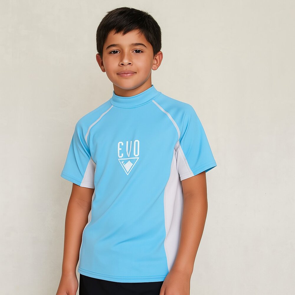 Evo Boys Rashguard Sun Shirt UPF 30 Short Sleeve White Blue Size L (14-16) New